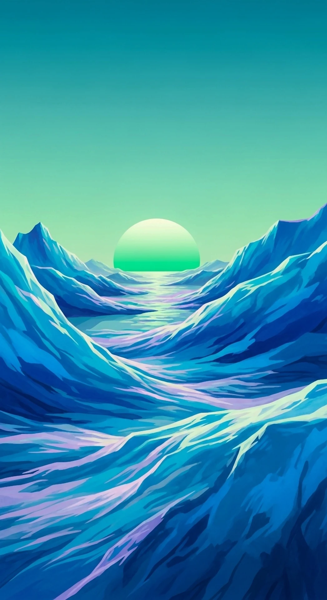 Vaporwave Landscape with Blue Waves and Green Sun Horizon - Free 4K mobile Wallpaper