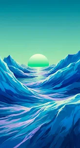 Vaporwave Landscape with Blue Waves and Green Sun Horizon