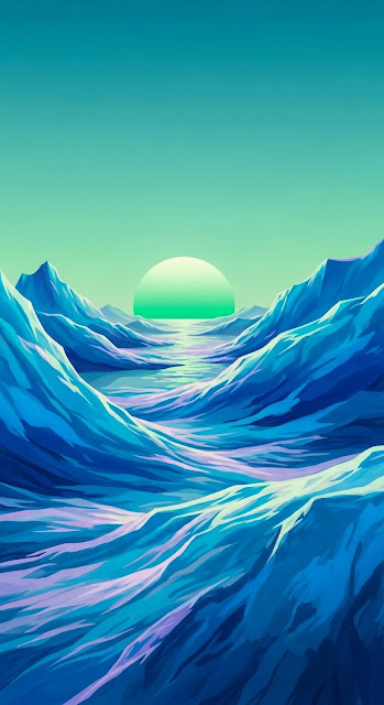 Vaporwave Landscape with Blue Waves and Green Sun Horizon - Free mobile Wallpaper