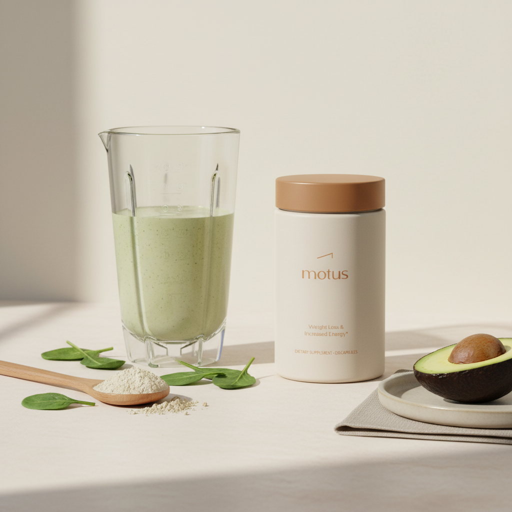 Minimal still-life of a blender cup with a creamy green clean protein shake, Tonum Motus jar labeled for weight loss beside a wooden spoon of pea protein powder, spinach leaves and halved avocado.
