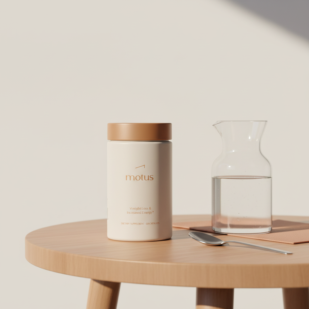 Minimalist product photo of Tonum Motus supplement bottle on a wooden table with a spoon and glass carafe in soft natural light, meal replacement