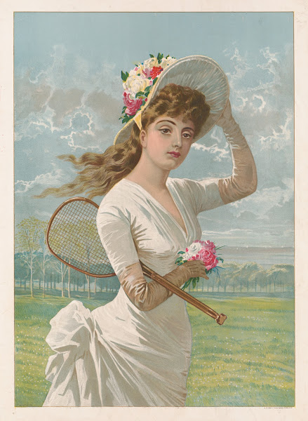 Woman in white dress holding flowers and tennis racket 1887