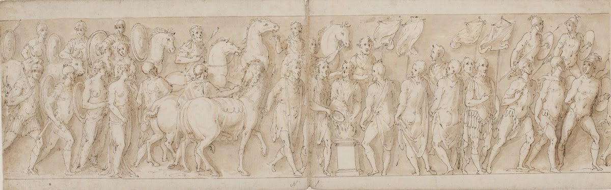 Tilfangetagne kvinder føres bort livvagternes optog Marcus Aurelius ofrer ved et