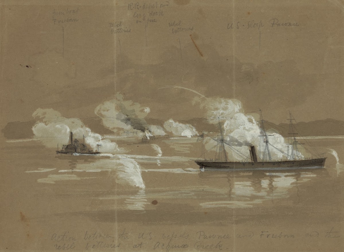 Action between the US vessels Pawnee and Freeborn and the rebel batteries at Acq
