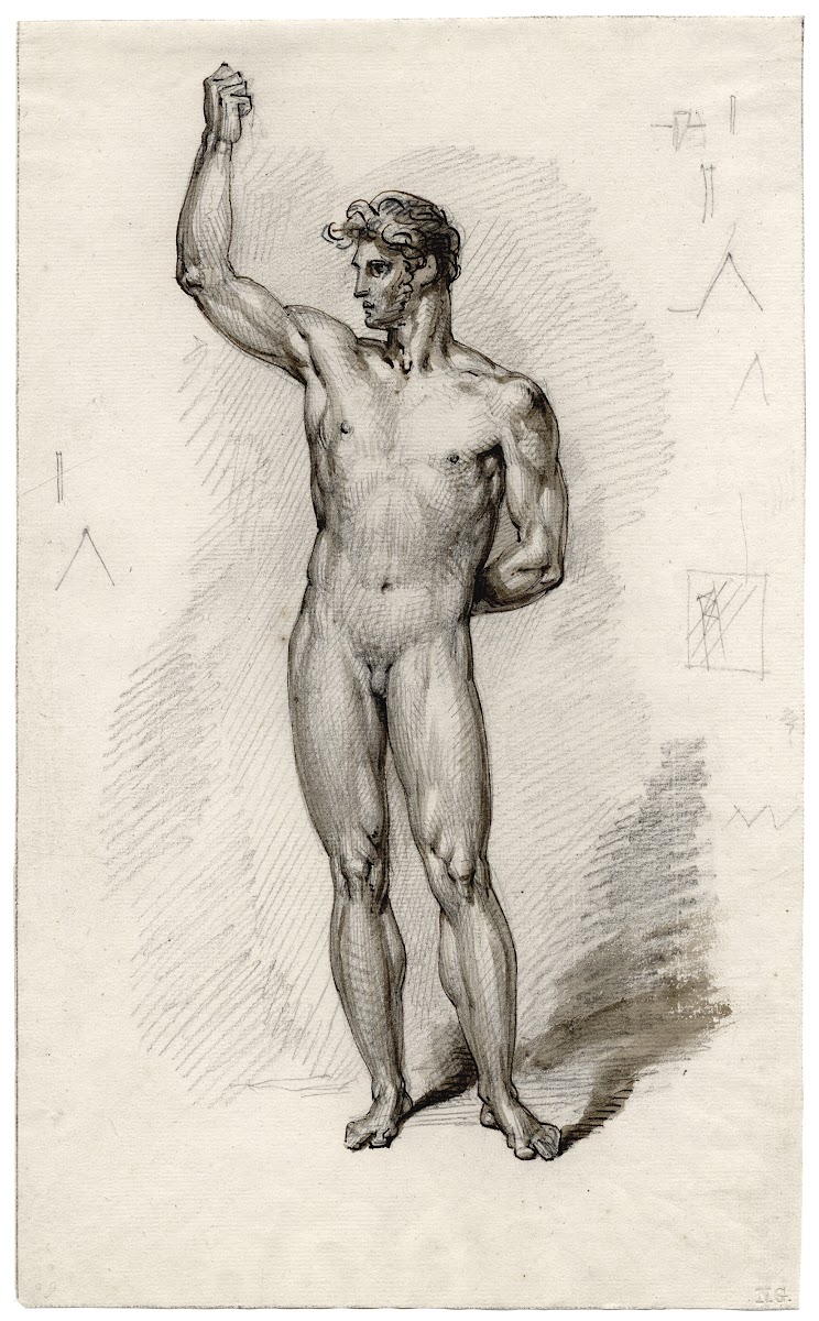 Staand mannelijk naakt met geheven arm