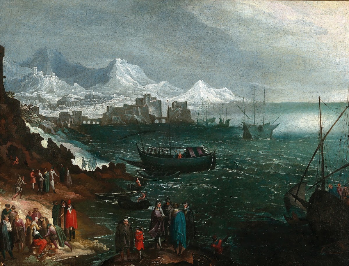 A harbour scene with numerous figures in winter