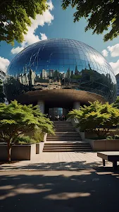 Modern Glass Dome Building Reflecting City Skyline and Sky