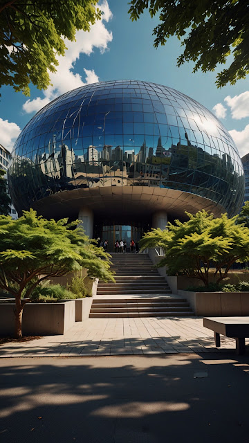 Modern Glass Dome Building Reflecting City Skyline and Sky - Free mobile Wallpaper