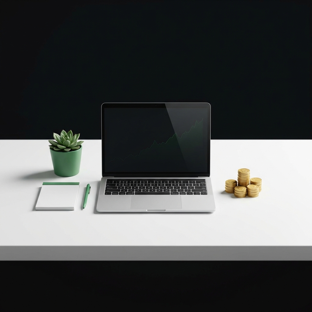 Minimalist workspace for long term investing with laptop showing ascending green chart reflection, gold coin stack accent and green succulent on dark background