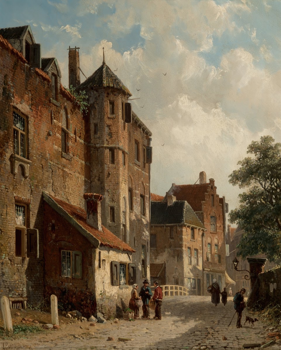 View of a sunlit Dutch street scene late 19th century