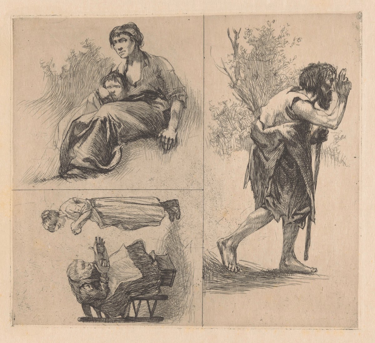 Drie voorstellingen met menselijke figuren
