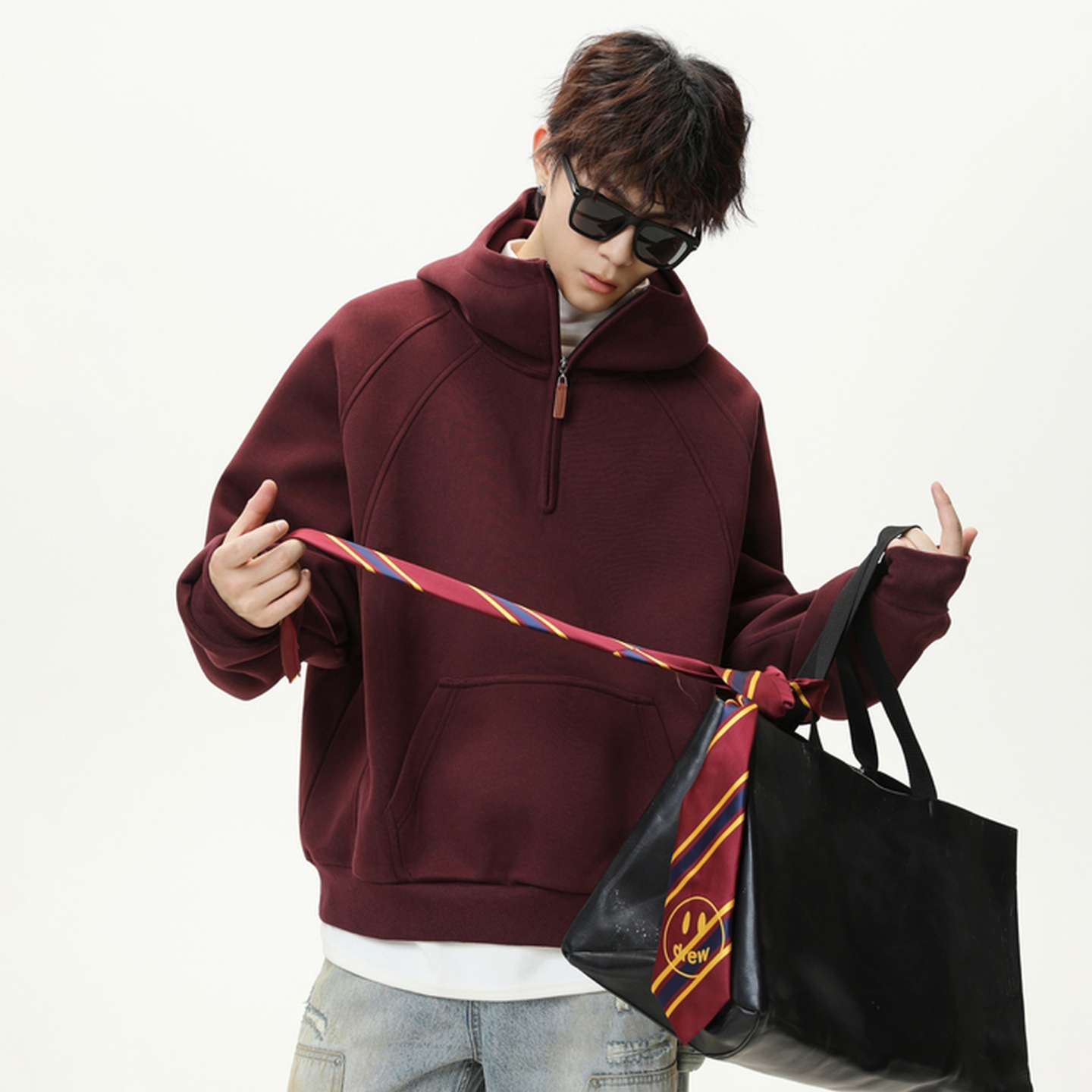 Heavy men's hooded sweatshirt with half zipper