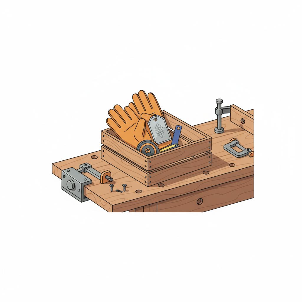Minimalistische 2D-Vektorillustration einer Holzkiste mit Handschuhen, Maßband und graviertem Anhänger auf Werkbank – geschenkkorb ideen männer