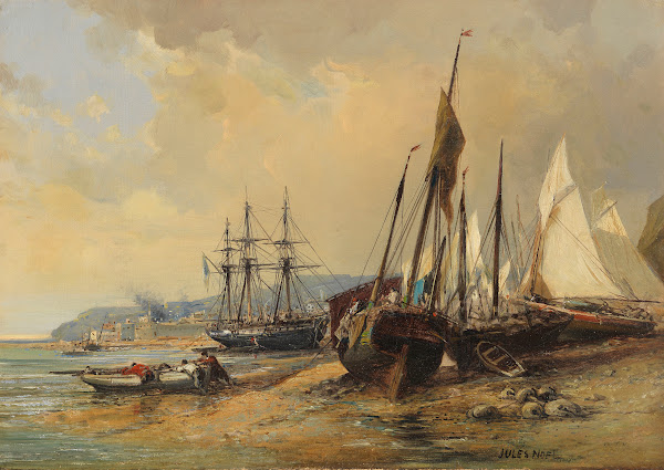 Segelschiffe und Fischerboote am bretonischen Strand Ca 1860 70