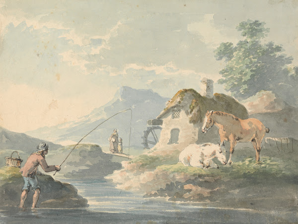 Rustic Scene man fishing left cottage with water mill and horses right