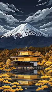 Japanese Landscape Painting of Kinkaku-ji and Mount Fuji under Stormy Clouds