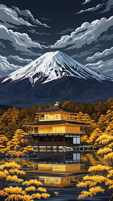 Japanese Landscape Painting of Kinkaku-ji and Mount Fuji under Stormy Clouds - Free mobile Wallpaper