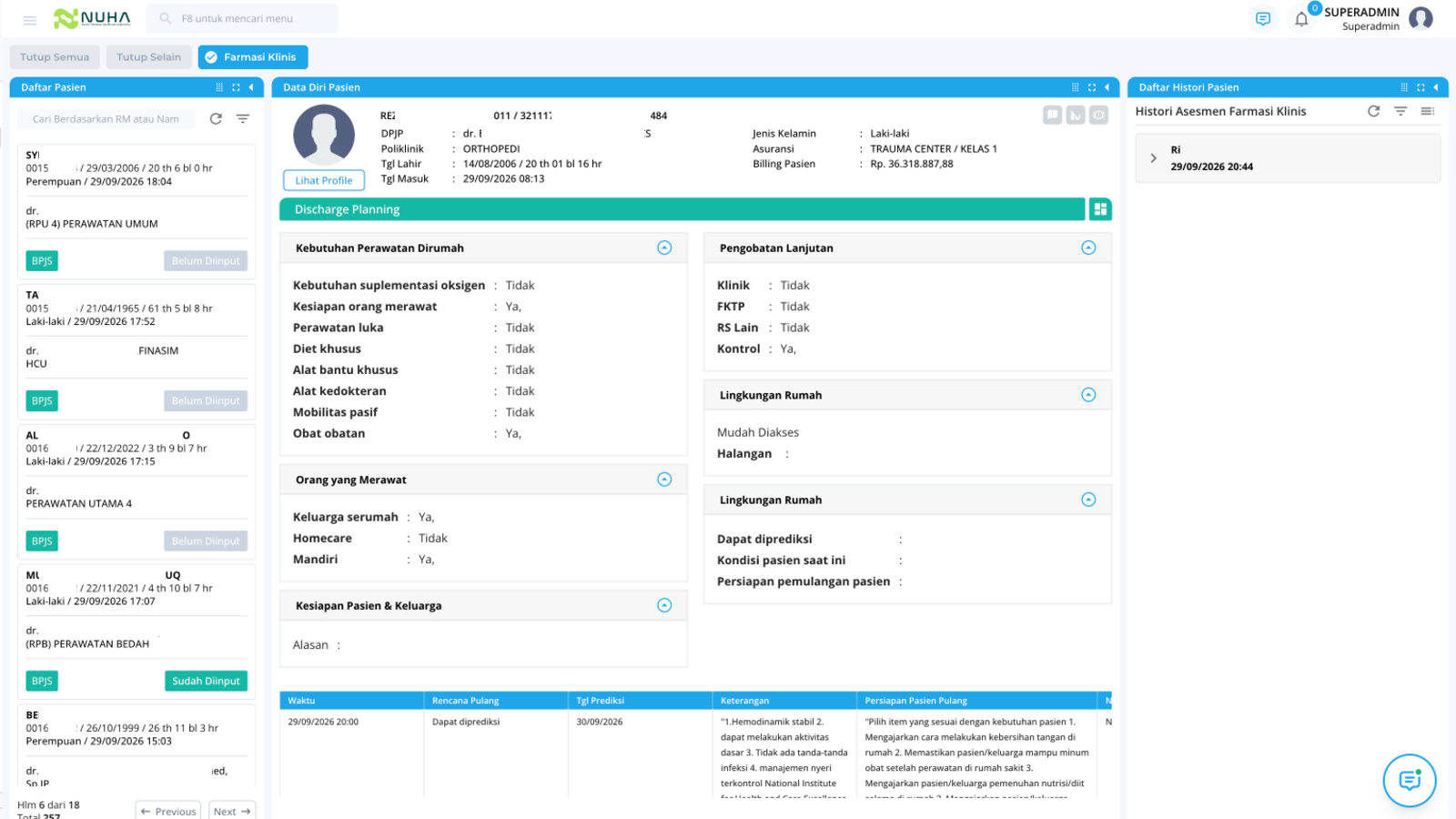 Tampilan fitur Rekonsiliasi & Discharge Planning pada Modul Farmasi Klinis NUHA