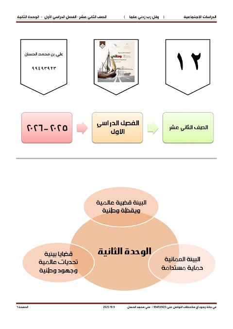 مذكرة إثرائية للوحدة الثانية بيئتنا تنوع وثراء واستدامة 2025-2026 - دراسات الصف 12 الفصل 1