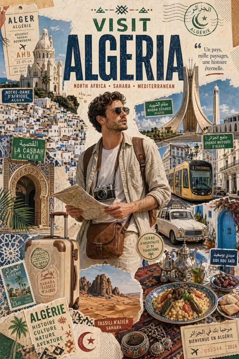 Crea un póster de viaje estilizado / collage gráfico para [ARGELIA].