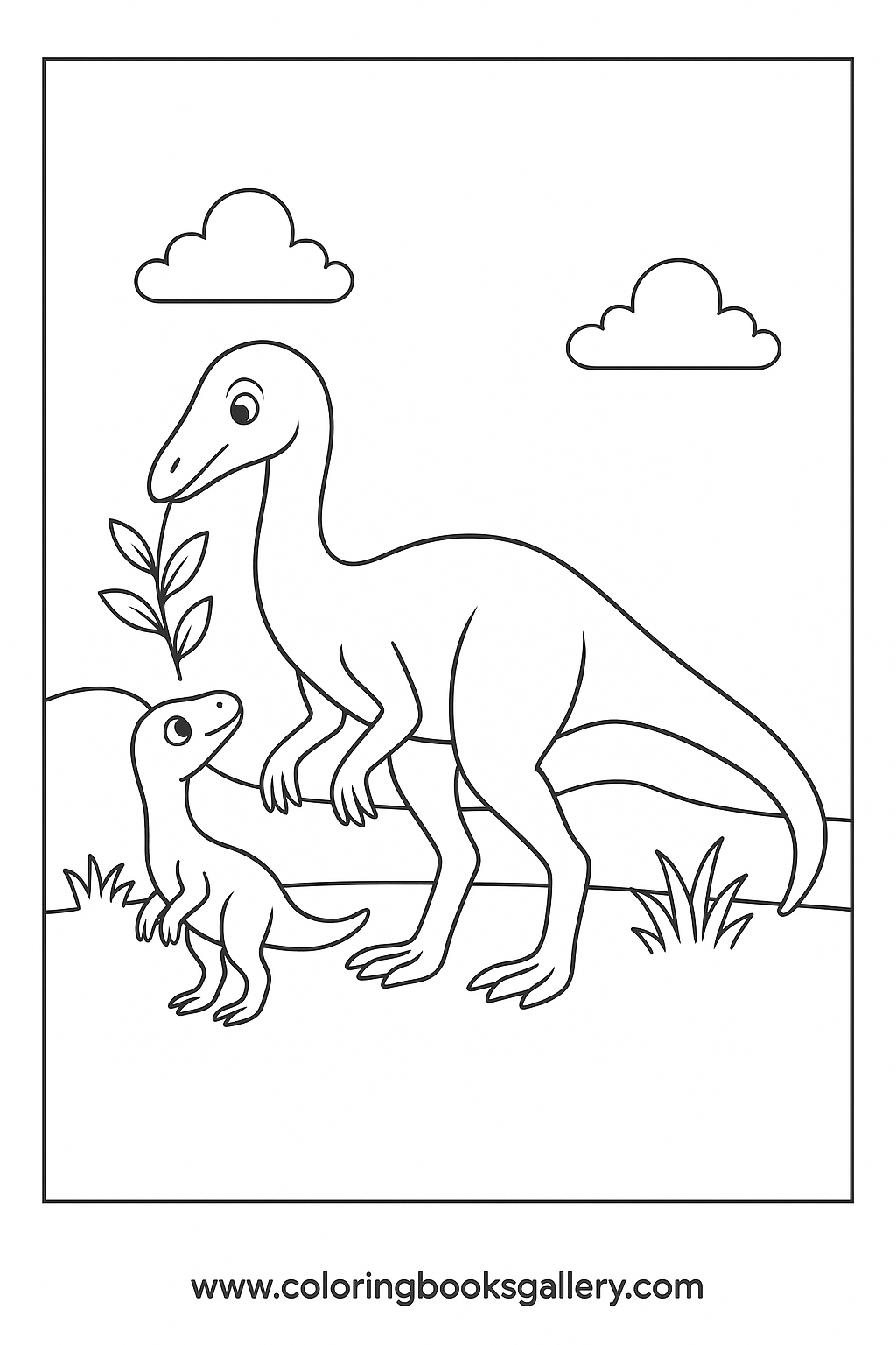 Simple Ornithomimus With Baby Dinosaur Coloring Page For Toddlers – free coloring page for kids