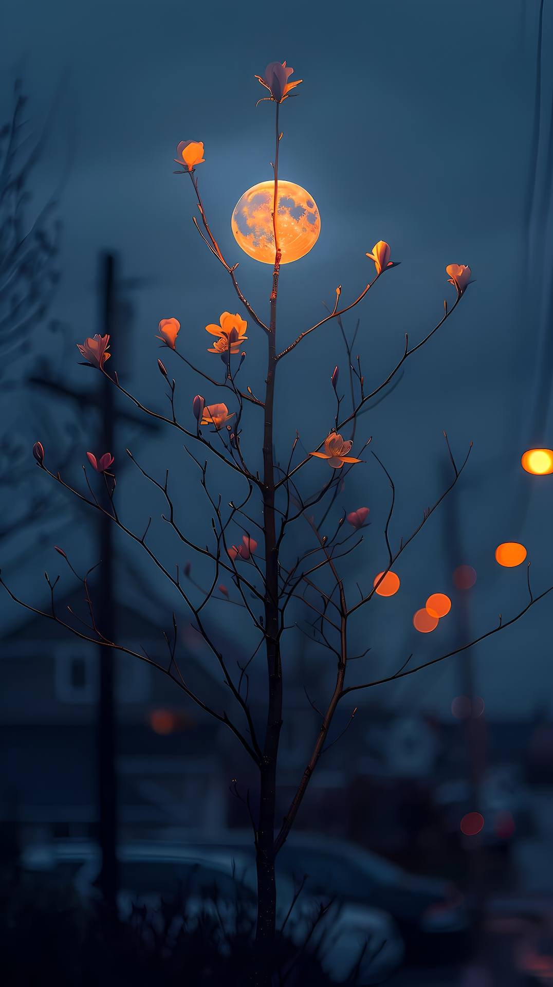 Orange Moon Glowing Through Blooming Tree Branches - Free 4K mobile Wallpaper
