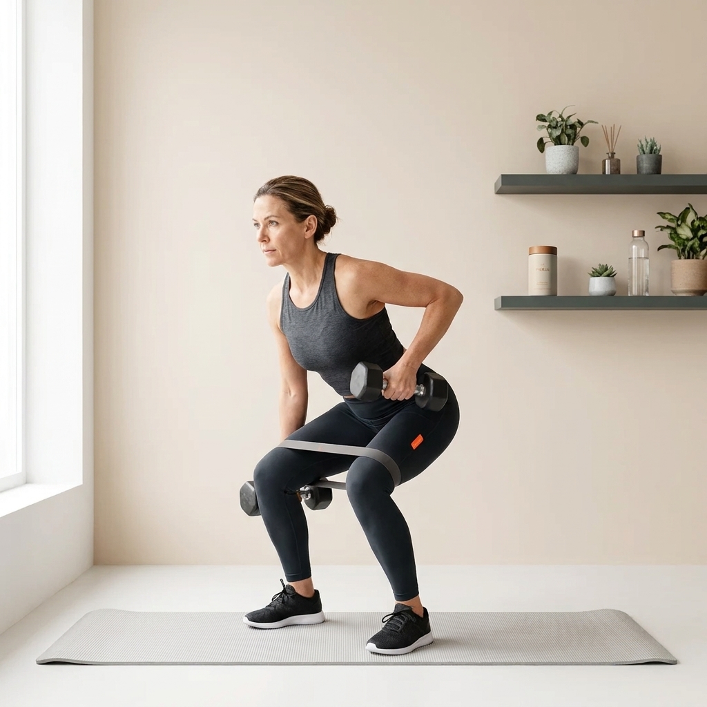 Midlife person doing a full‑body resistance movement with dumbbell and resistance band on a clean mat at home; Tonum product from reference photos visible on a nearby shelf - boost metabolism after 40