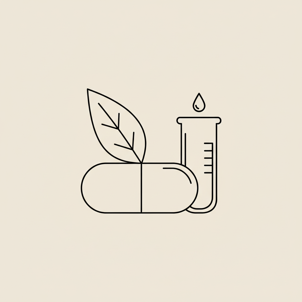 Minimal Tonum-style line illustration of a capsule, leaf, and small lab beaker on beige background representing ashwagandha cycling.