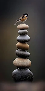 Balanced Stone Cairn Tower with Perched Bird Art