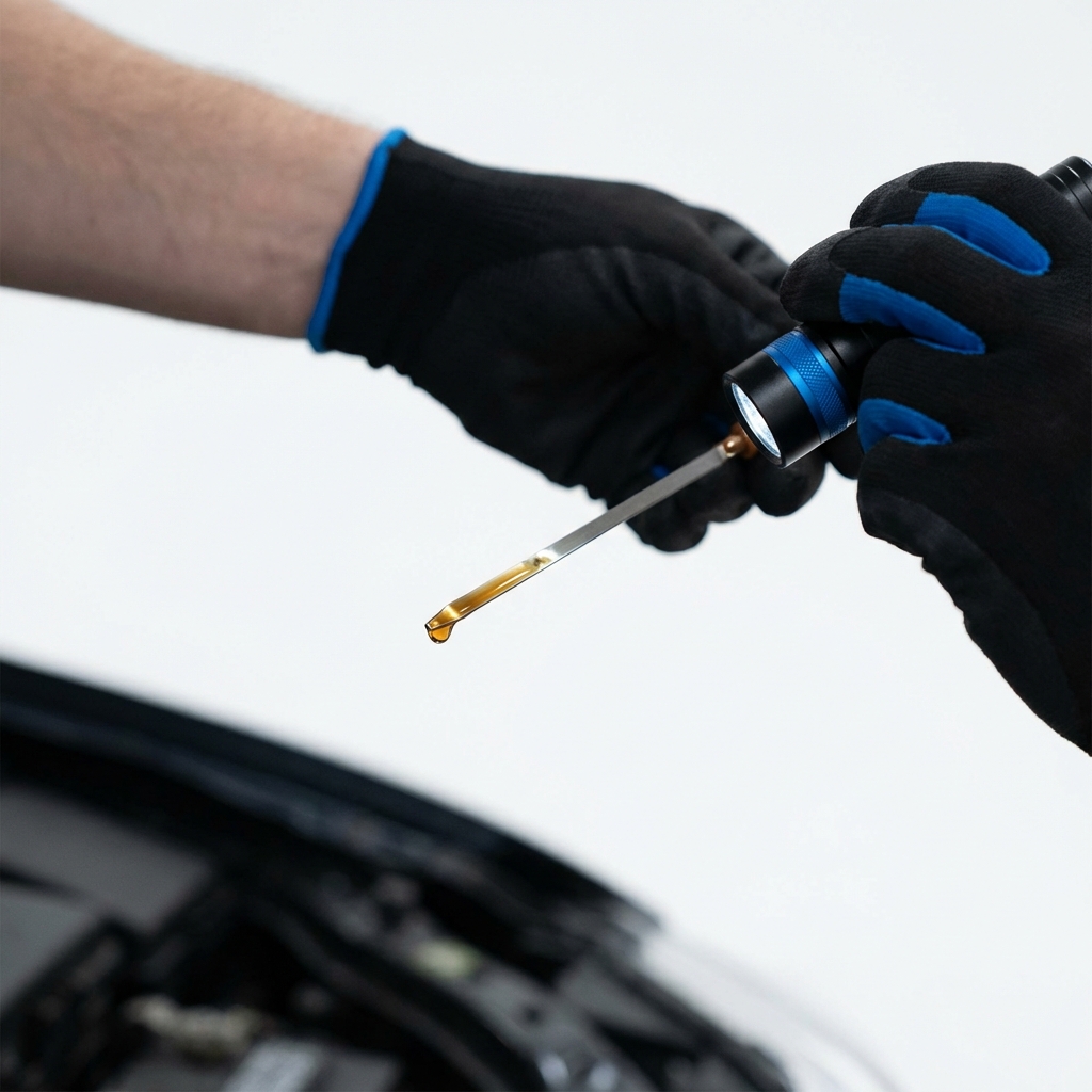 Close up of mechanic checking transmission fluid on a minivan dipstick with clear amber fluid and flashlight indicating a honda odyssey for sale