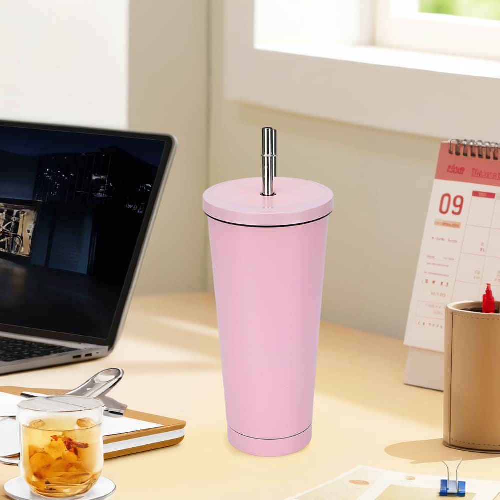 Termo de doble pared de acero inoxidable Link Life™ diseño de vaso con popote color rosa