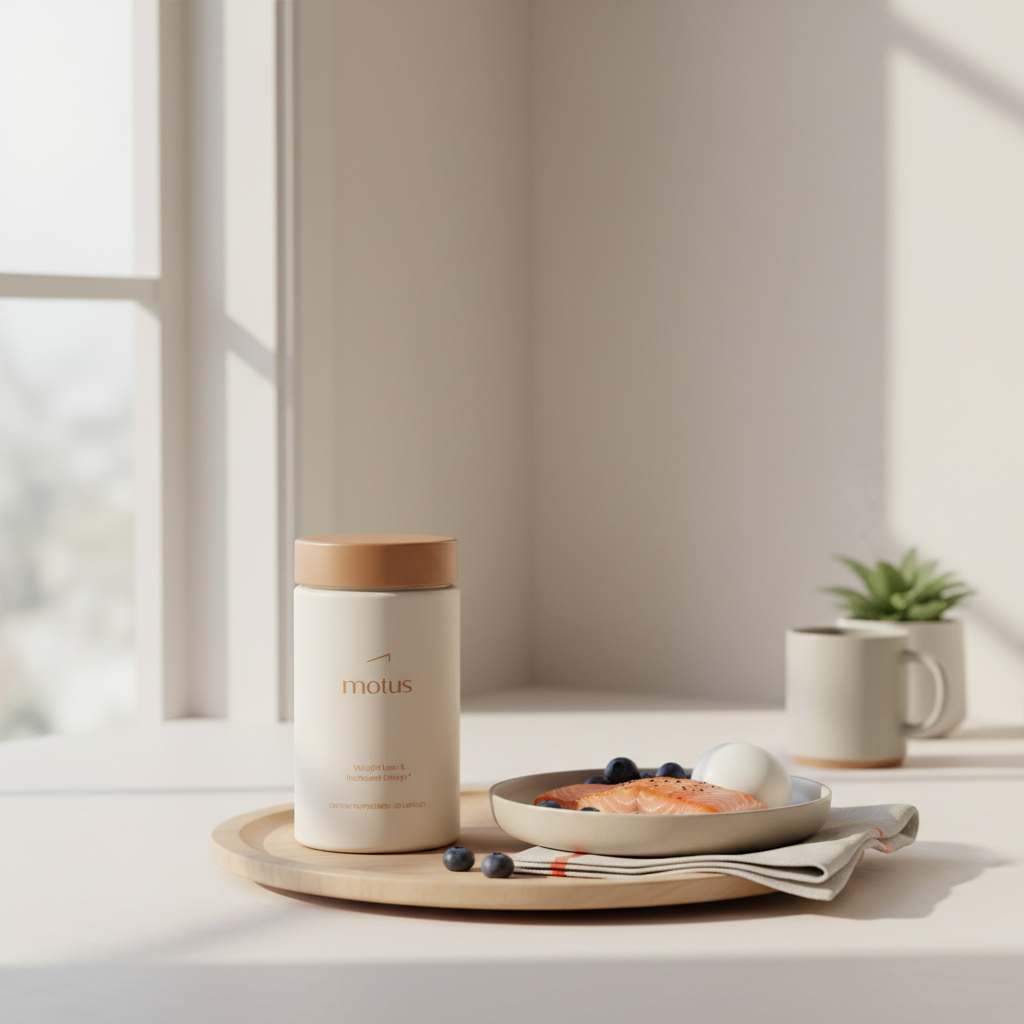 Motus bottle on wooden tray with salmon fillet, blueberries and egg in a minimalist kitchen scene for how to lose 5 pounds of belly fat in 2 weeks