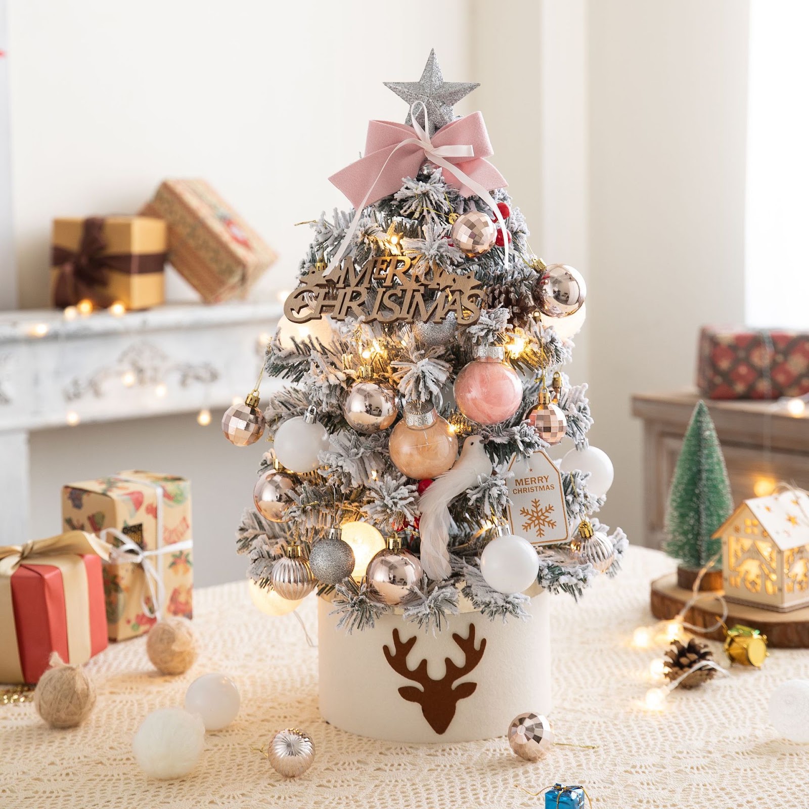 Mini Christmas tree with lighting, flocked