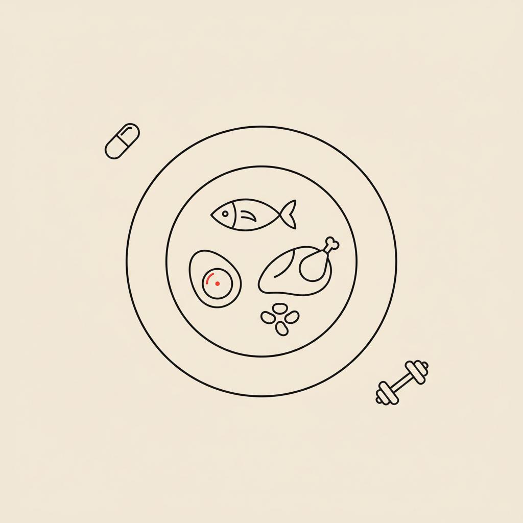 Minimalist vector line illustration of an abstract plate with fish, egg, capsule and small dumbbell on beige background, how to lose weight fast naturally and permanently