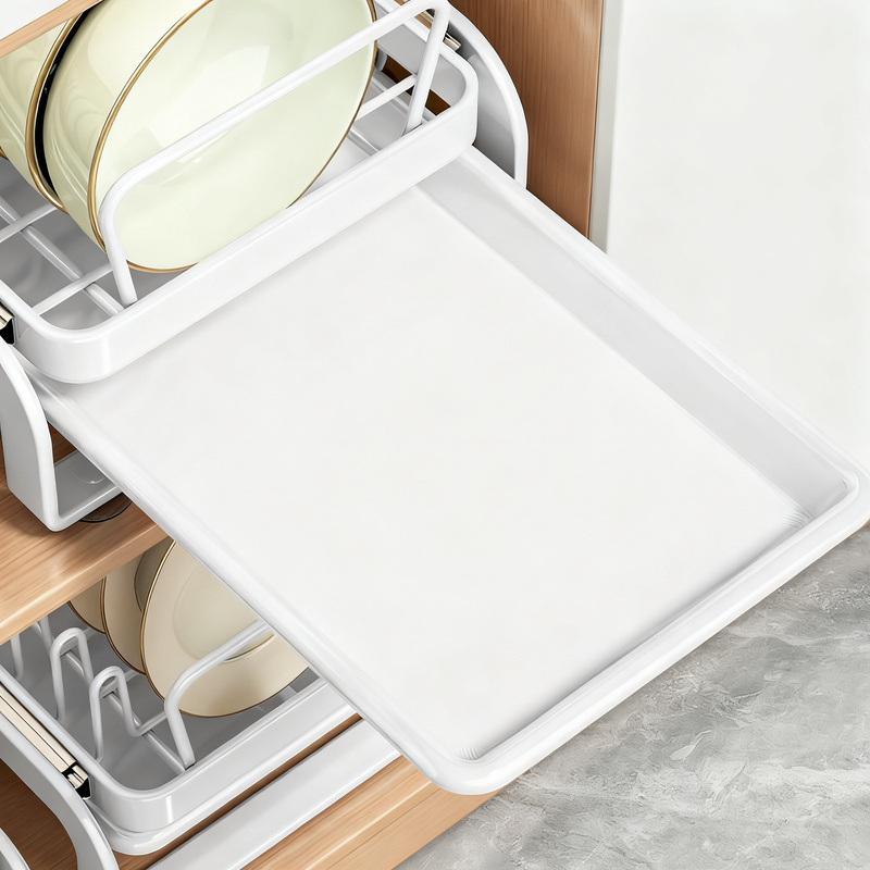 Pull-out dish shelf for kitchen cabinets