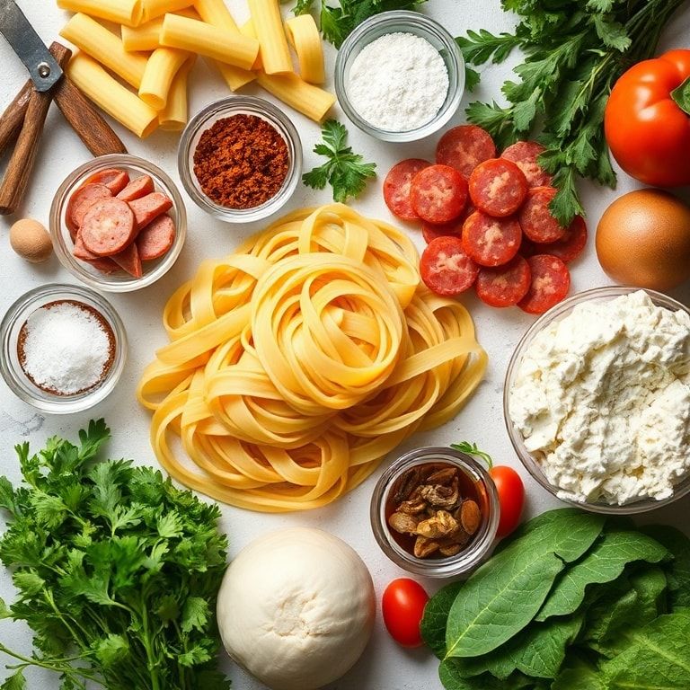 Ingredients for Creamy Kielbasa Pasta Recipe Ready in 25 Minutes – Quick & Homemade Comfort Dinner