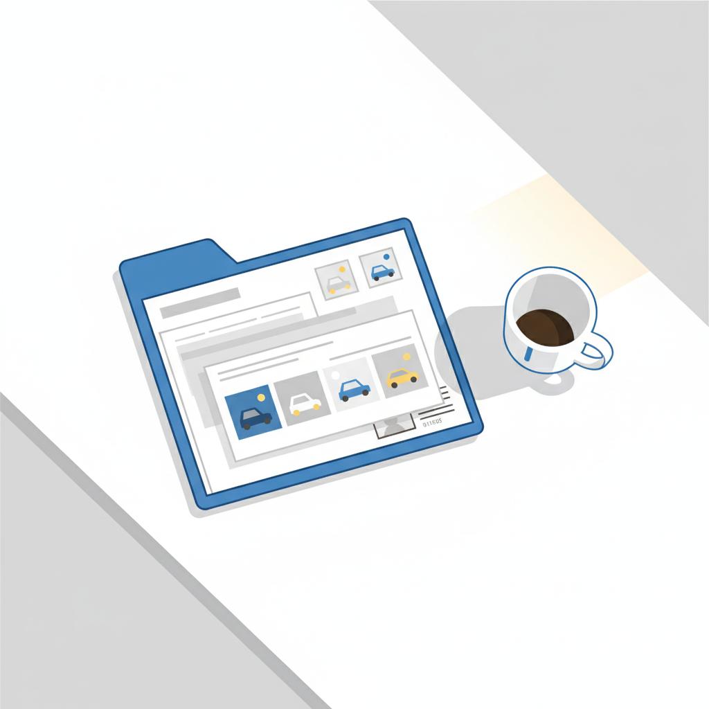 Minimalist 2D vector of a blue edged folder on a white table showing service records and car photos next to a coffee cup illustrating how to find the value of my used car