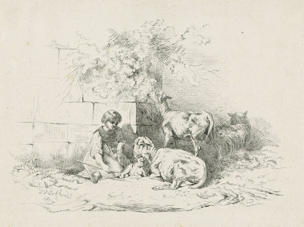 Meisje zittend bij schapen 1859