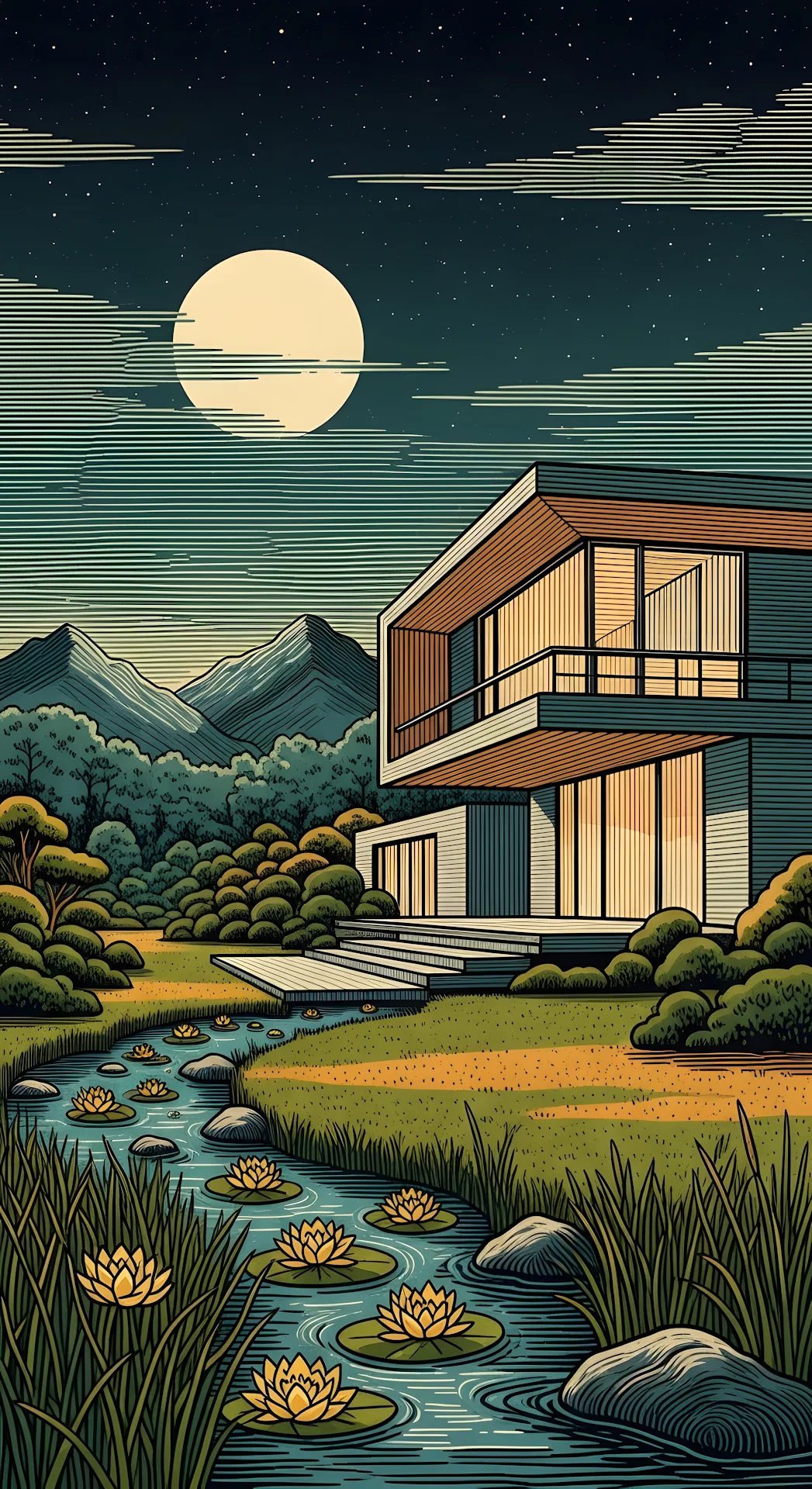 Full Moon Over Modern Home and Lily Pad Creek Landscape - Free 4K mobile Wallpaper