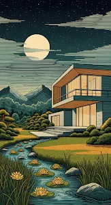 Full Moon Over Modern Home and Lily Pad Creek Landscape