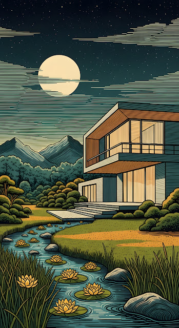 Full Moon Over Modern Home and Lily Pad Creek Landscape - Free mobile Wallpaper