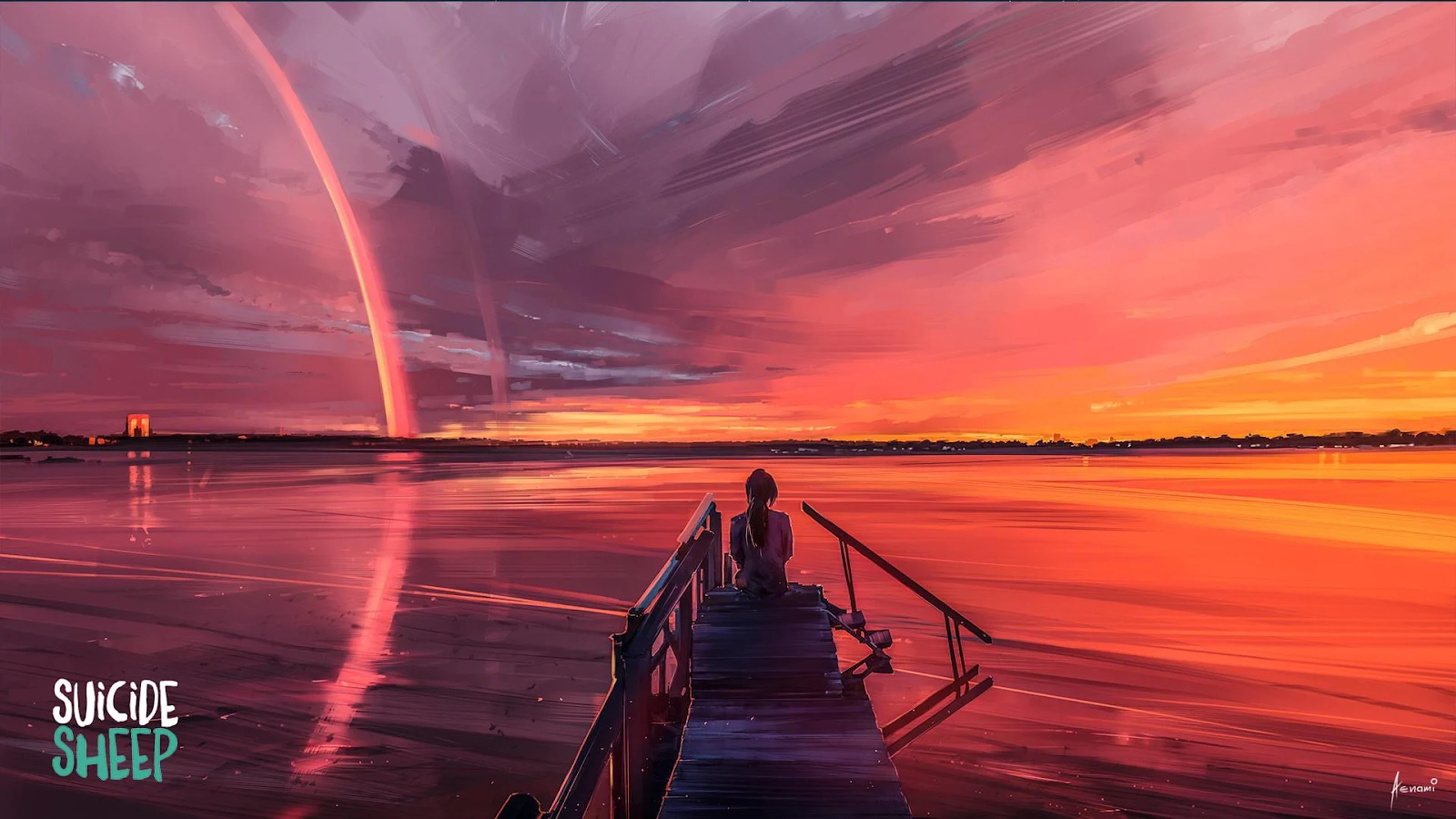 Sunset, Pier, Artwork, Water Full HD Desktop Wallpaper