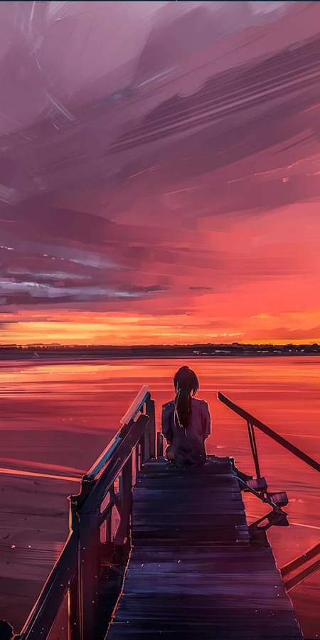Sunset, Pier, Artwork, Water Full HD Phone Wallpaper
