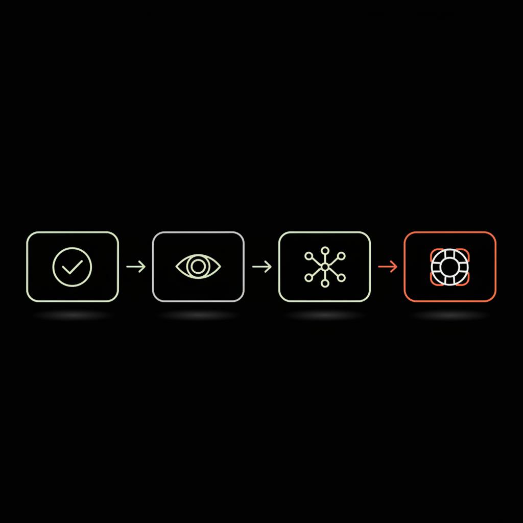 Minimal vector decision-flow infographic with four connected icons in Social Success Hub brand colors on black background, illustrating choices for an Instagram username.