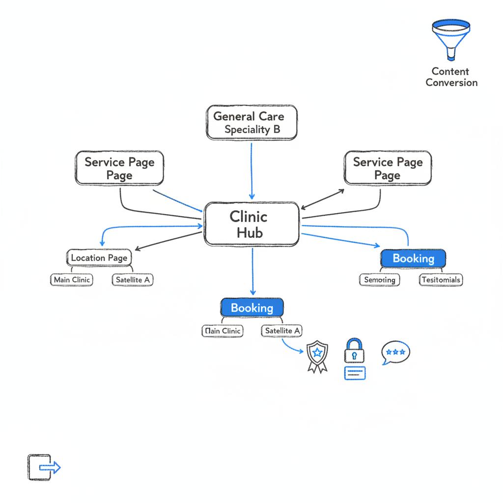 Minimalist notebook-style 2D vector site map for a clinic showing services branching to locations and booking with trust icons, in brand colors for dental website design