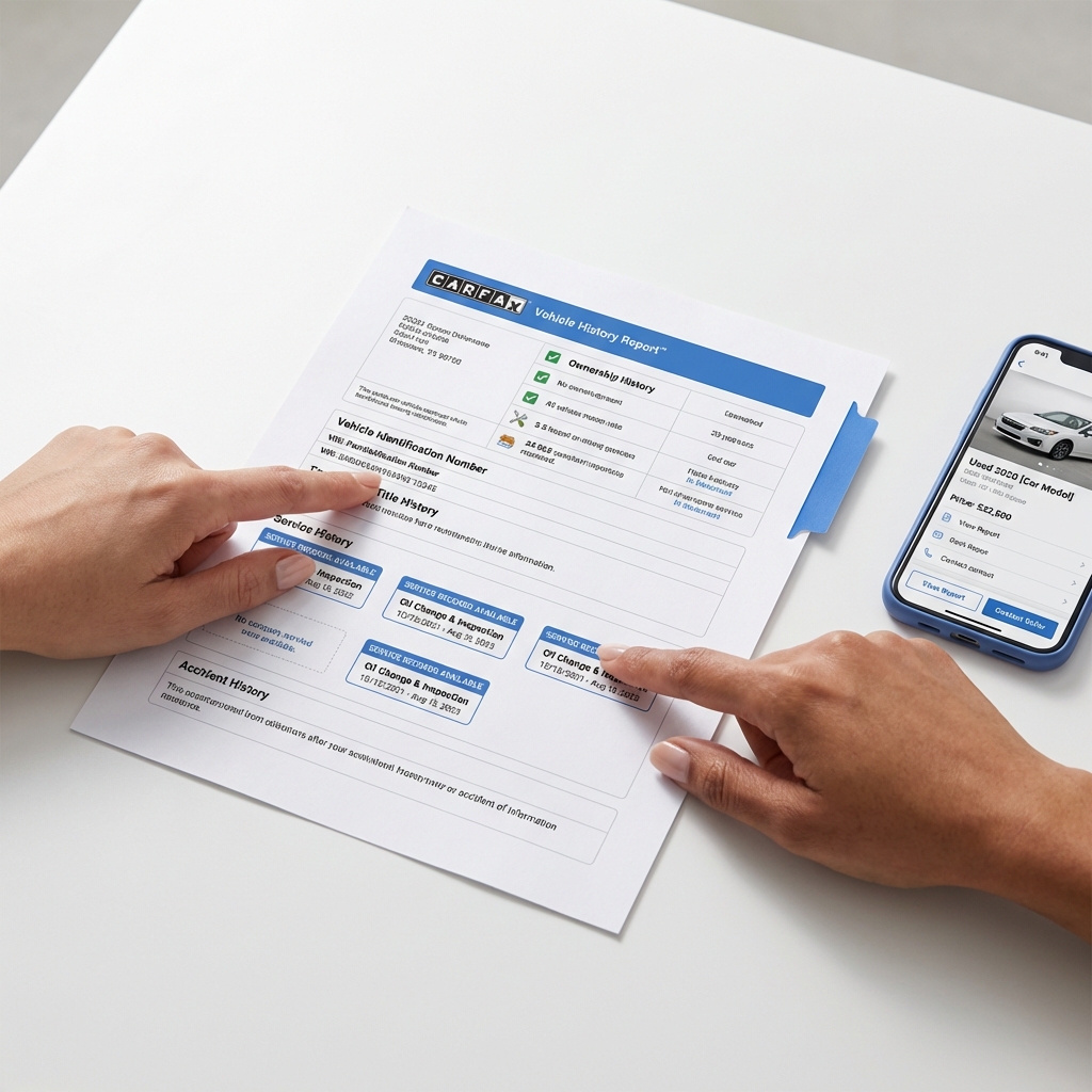 Close up of vehicle history report and smartphone listing with hands pointing at VIN and service stamps minimalist white background honda crv for sale