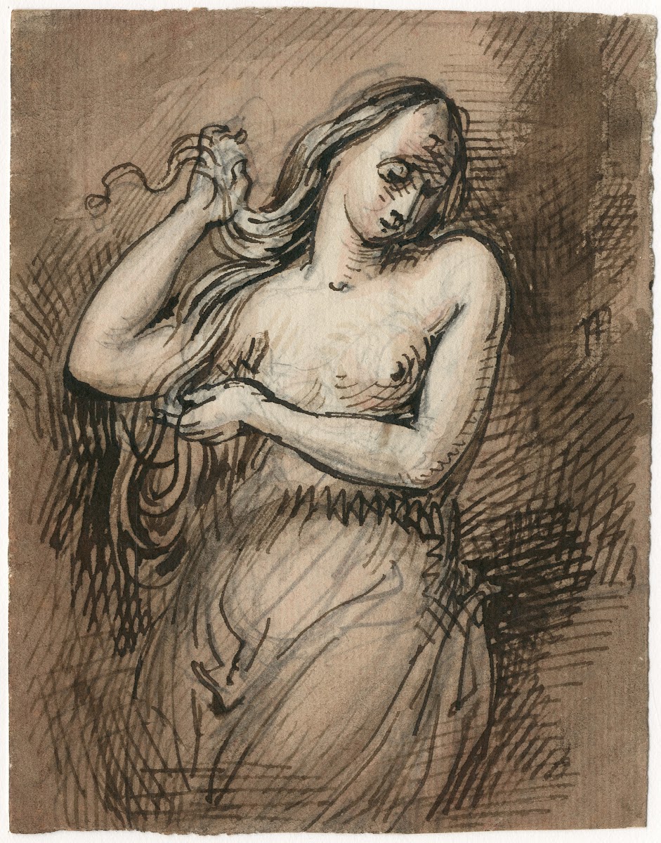 Maria Magdalena staande vrouw die haar haar vastpakt
