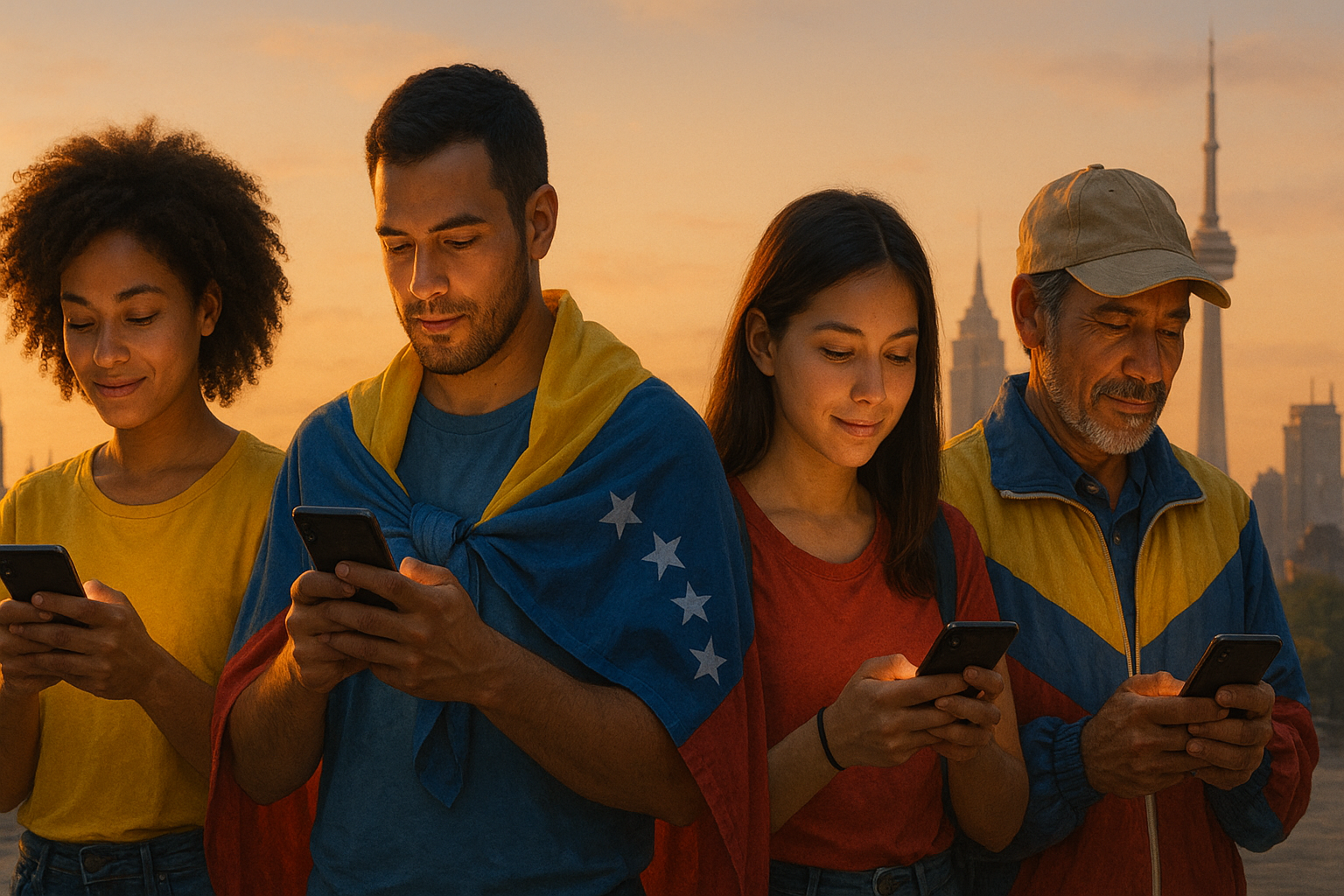 Venezolanos en distintas ciudades conectados por móviles, atardecer urbano y banderas sutiles.