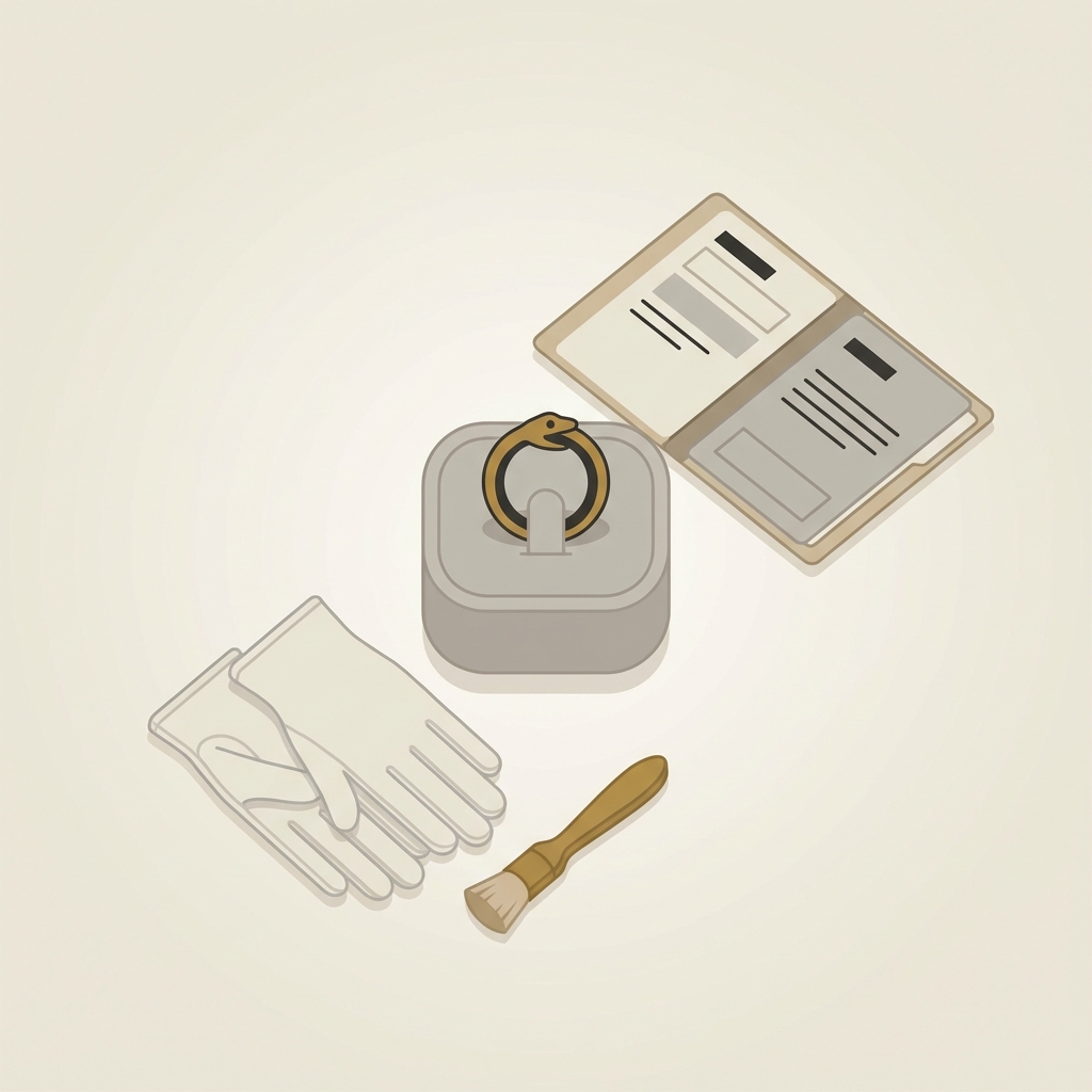 Minimalist 2D vector studio composition of an ouroboros snake ring on a padded mount beside an open provenance file with simplified archival notes