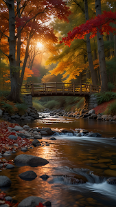 Golden Autumn Forest Stream Wooden Bridge Sunlight